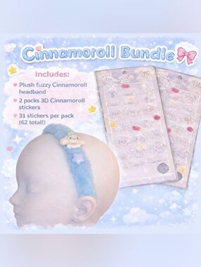 Cinnamoroll Plush Headband + 62 Pc 3D PVC Sticker Bundle Kawaii Gift Set NWT